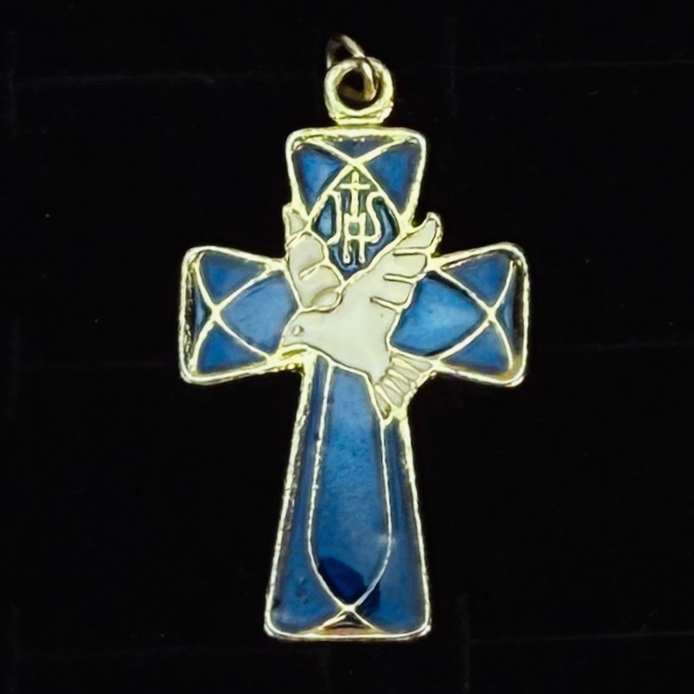 Blue Enamel Cross Dove Holy Spirit Pendant Gold Tone Religious Charm Vintage
